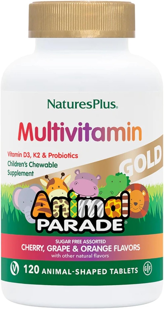 NaturesPlus Animal Parade Gold Children's Multivitamin - Assorted Cherry, Orange & Grape Flavors - 120 Animal-Shaped Chewable Tabletler, 4 Paket - Vegan, Gluten Free - 240 Toplam Hizmetler
