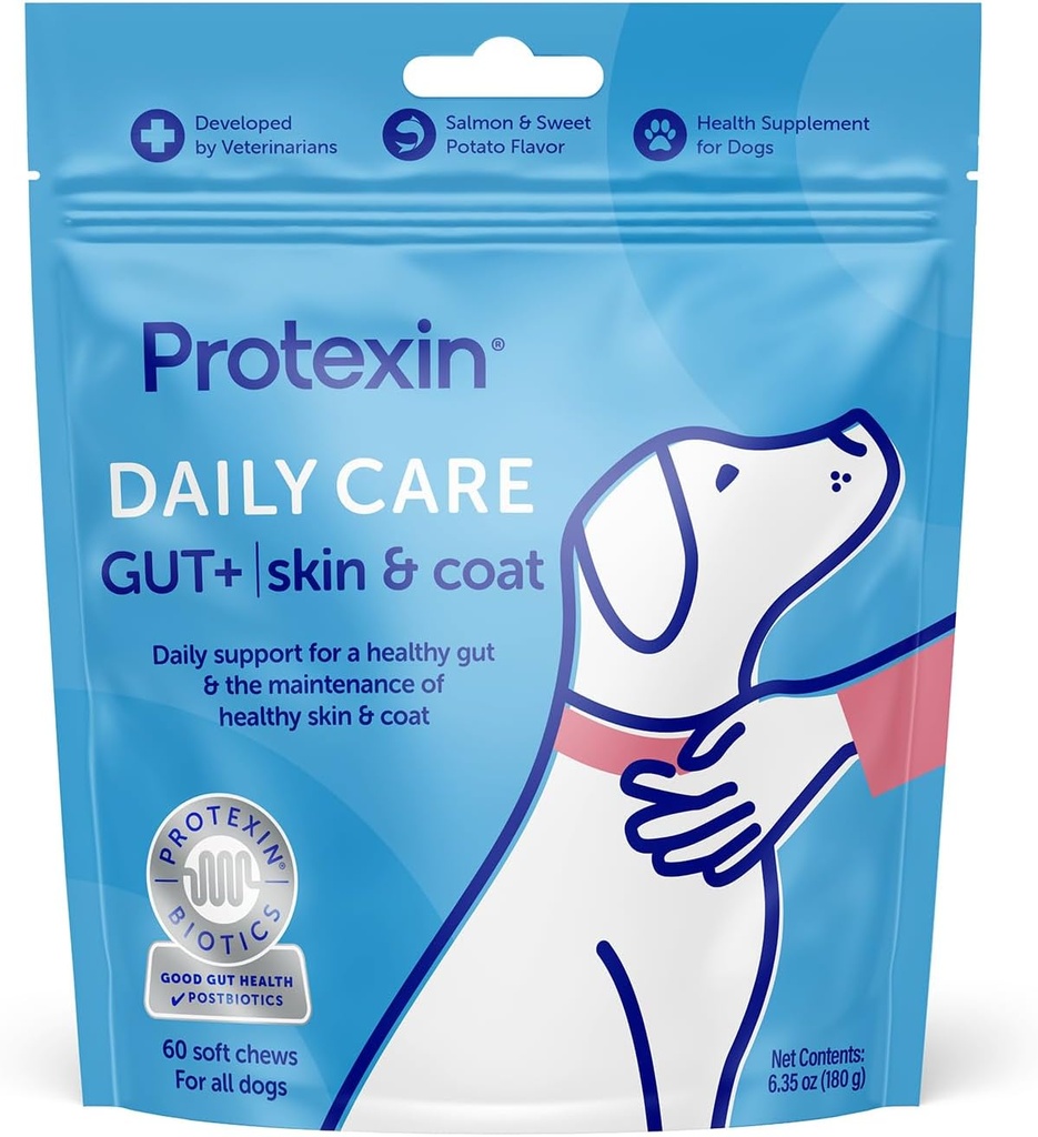 Protexin Daily Care Gut + Skin & Coat | 60 Dog Chews, Salmon ve Sweet Potato Flavor Dog Supplement | Probiyotiks for Dogs, Dog Postbiyotiks