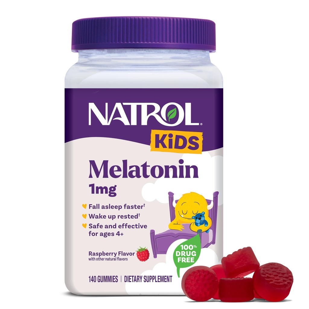 Natrol Kids Melatonin Gummies 1mg, Çocuk Melatonin for Restful Sleep, 140 Raspberry-Flavored Sleep Gummies, 140 Day Supply