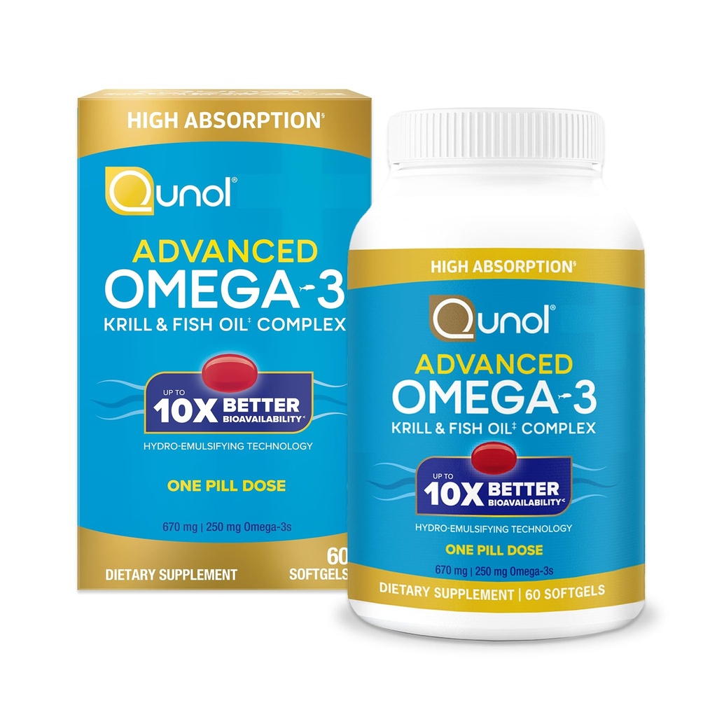 Qunol Advanced Omega 3 Krill and Fish Oil Complex, 10x Καλύτερη βιοδιαθεσιμότητα, Μια δόση Χάπια, 250mg EPA & DHA, Υποστηρίζει τον εγκέφαλο, τα μάτια, την καρδιά και κοινή υγεία, 90 Count (πακέτο του 1)