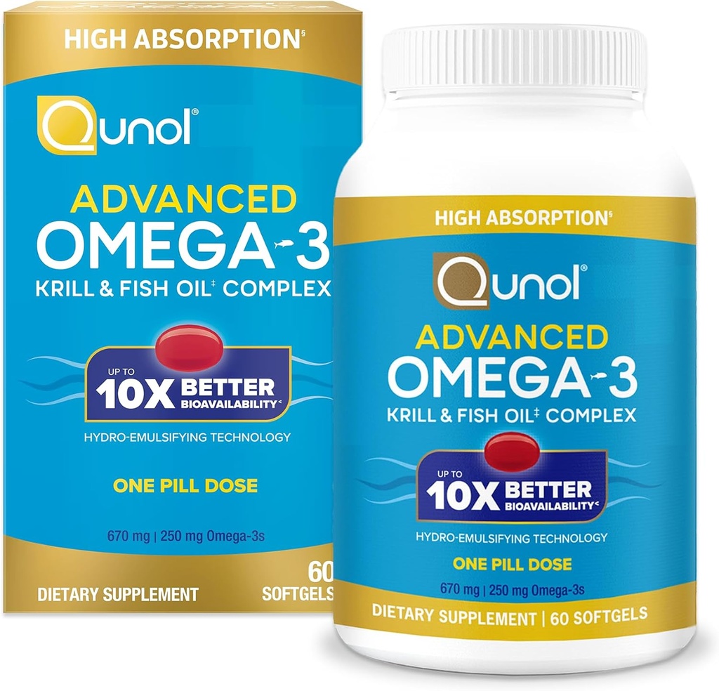 Qunol Advanced Omega 3 Krill ve Fish Oil Kompleksi, 10x Better Bioavailability, One Pill Dose, 250 mg EPA & DHA, Supports Brain, Eye, Heart and Joint Health, 90 Count (Pack of 1)