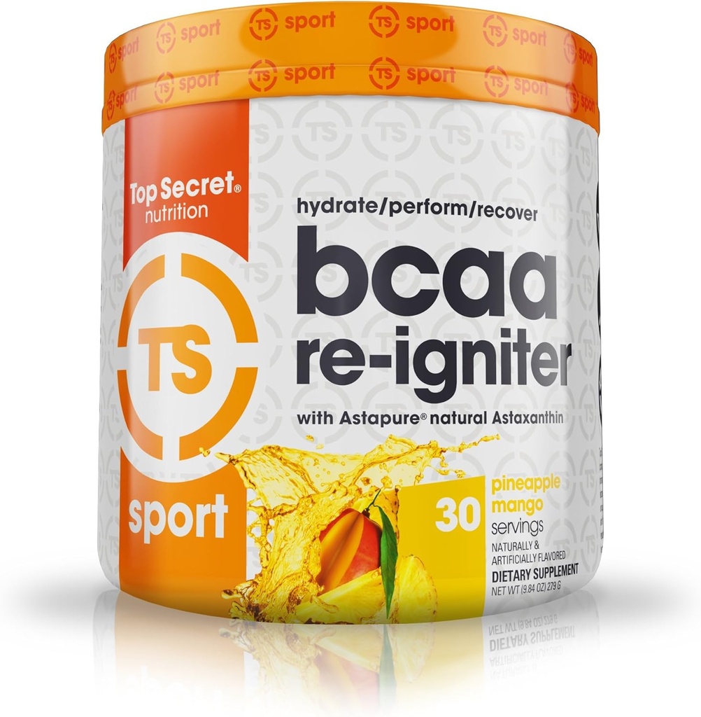 Top Secret Beslenme BCAA Re-Igniter Vegan Amino Asit Supplement with Astaxanthin and Electrolyte, Hydration Blend with Coconut su, 9.84 oz (30 hizmet) , Pinele Mango