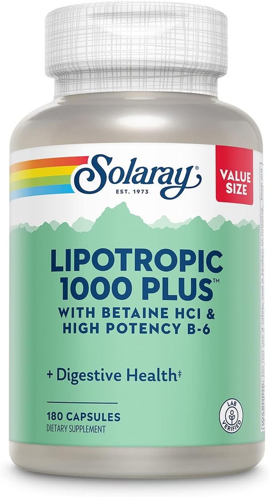 SOLARAY Lipotropic 1000 Plus με Betaine HCl & Υψηλή Ικανότητα B-6, Υγιεινή Διέγερση, Ενέργεια, και Λιπαρά Μεταβολισμός Υποστήριξη, Lipotropic Complex Plus Aloe Vera, 60 Ημέρα Εγγύηση, 30 Υπηρεσίες, 180 Κάψουλες