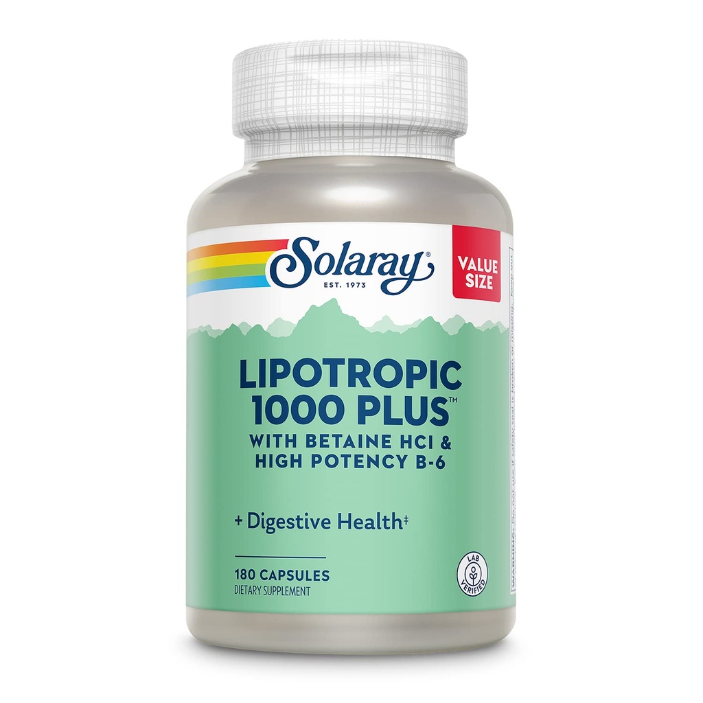 SOLARAY Lipotropic 1000 Plus ile Betaine HCl & High Potency B-6, Sağlıklı Digestion, Enerji ve Fat Metabolism Desteği, Lipotropic Kompleks Plus Aloe Vera, 60 Günlük Garanti, 30 Hizmet, 180 Capsules