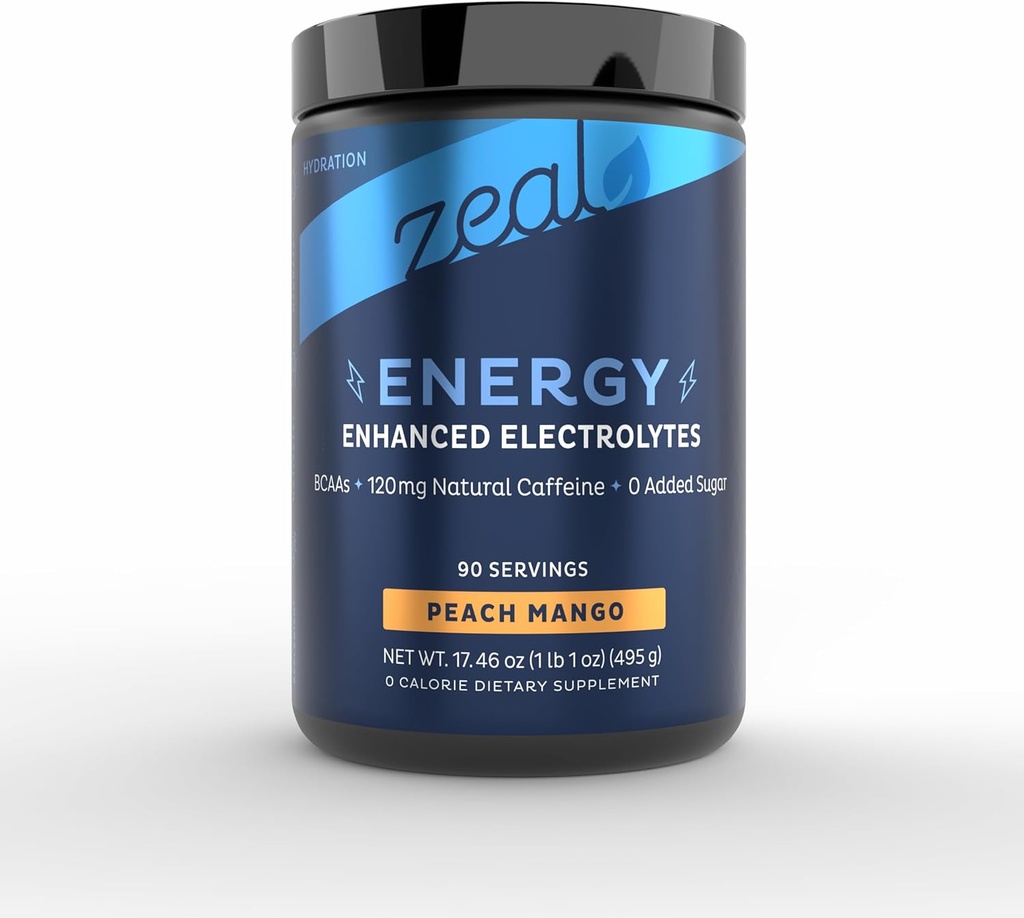 Zeal Naturals Pre-Workout Electrolyte + Energy Toz İçecek Mix (90 Hizmetler | Peach Mango)