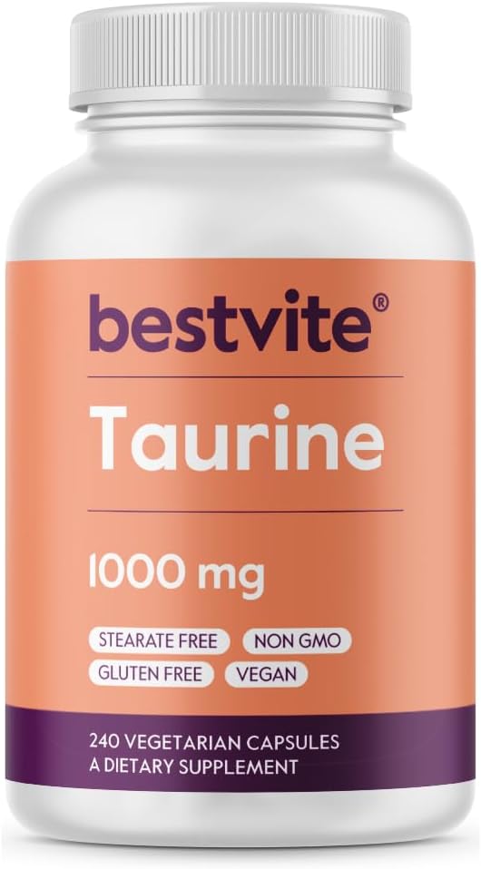 BESTVITE Taurin 1000 mg (240 Vejetaryen Capsules) - No Stearates - No Fillers - No Flow Agents - Vegan - Non GMO - Gluten Free