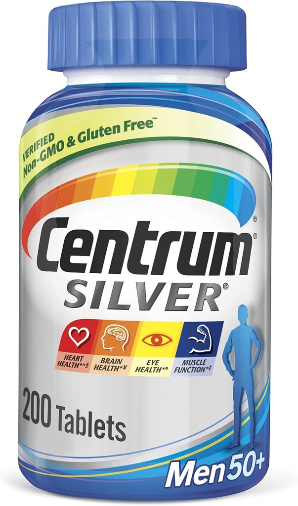 Centrum Silver Multivitamin for Men 50 Plus, Multivitamin/Multimineral Supplement with Vitamin D3, B Vitaminleri ve çinko, Gluten Free, Non-GMO Malzemeler - 200 Sayı Kont Kont