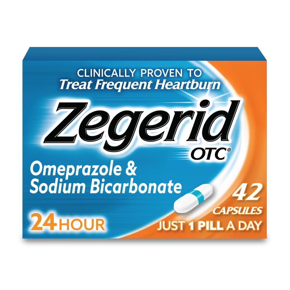 Zegerid OTC, 24 Saat Kalpburnu Yardımı, Asit Reflux Tıp ve Antacid, Frequent Heartburn, Omeprazole 20mg + Sodyum Bikarbonat, Proton Pump Inhibitor (PPI) 42 Capsules
