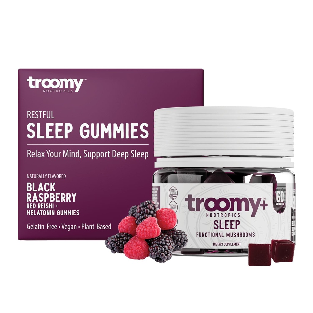 Troomy Sleep Reishi + Melatonin Great Tasting Mushroom Gummies - Supports Restful Sleep & Decrease in Stress - Black Raspberry - Count 60