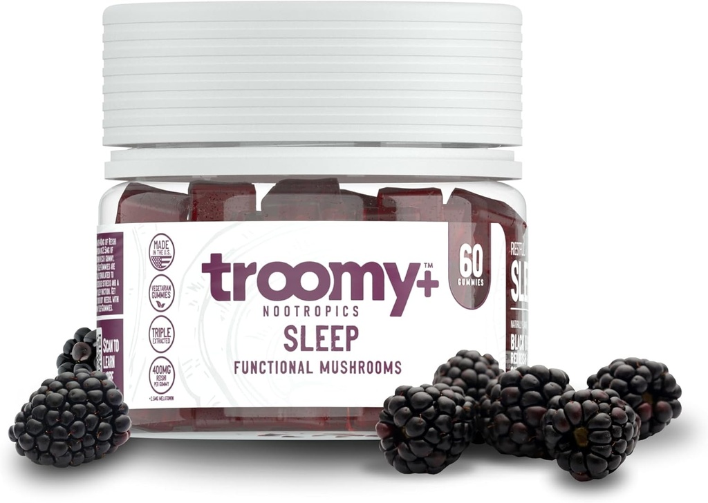 Troomy Sleep Reishi + Melatonin Great Tasting Mushroom Gummies - Supports Restful Sleep & Decrease in Stress - Black Raspberry - Count 60