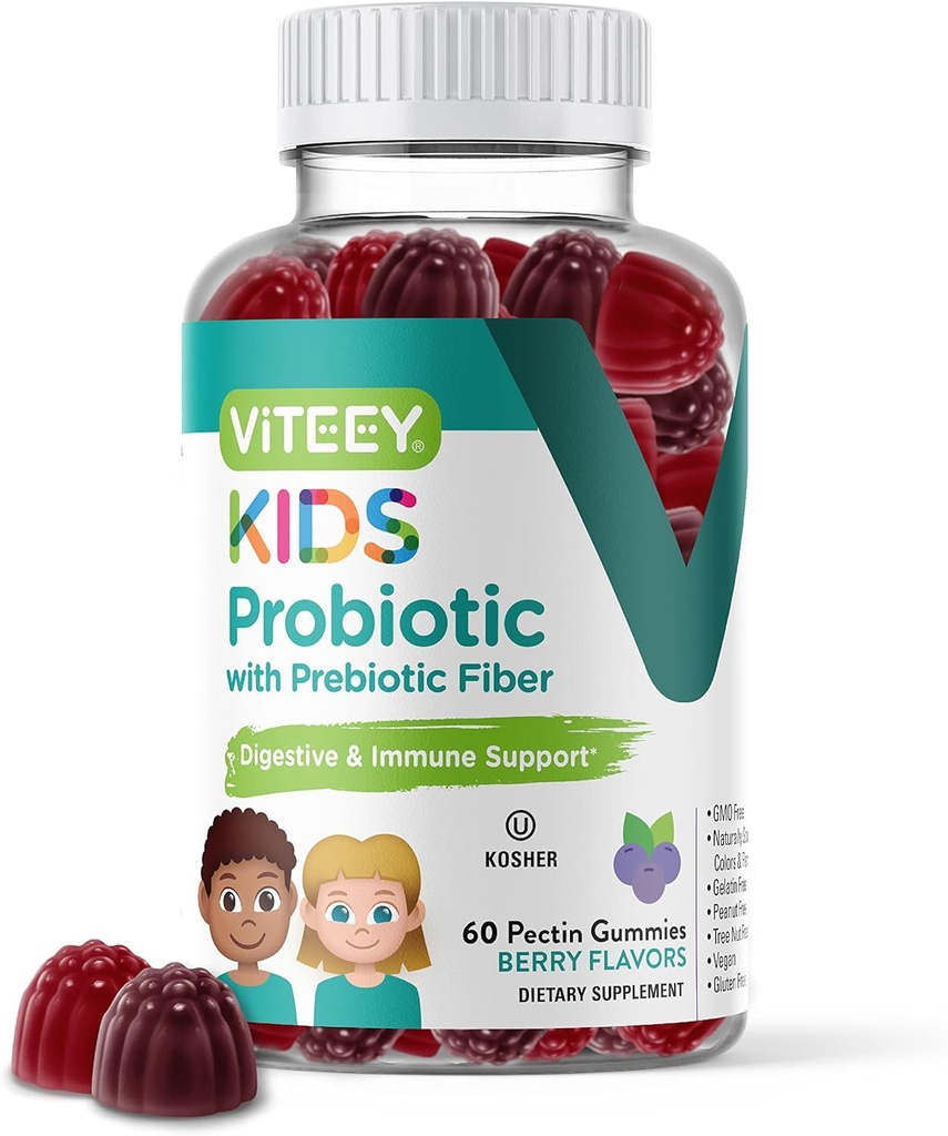 Çocuklar için Viteey Probiyotik Gummies Plus Prebiyotiks Fiber - 2 Milyar CFUs - Digestive Health,Gut Health, Constipation Relief for Kids Support - Vegan, Gelatin Free - Chewable Probiyotik Berry Flavored