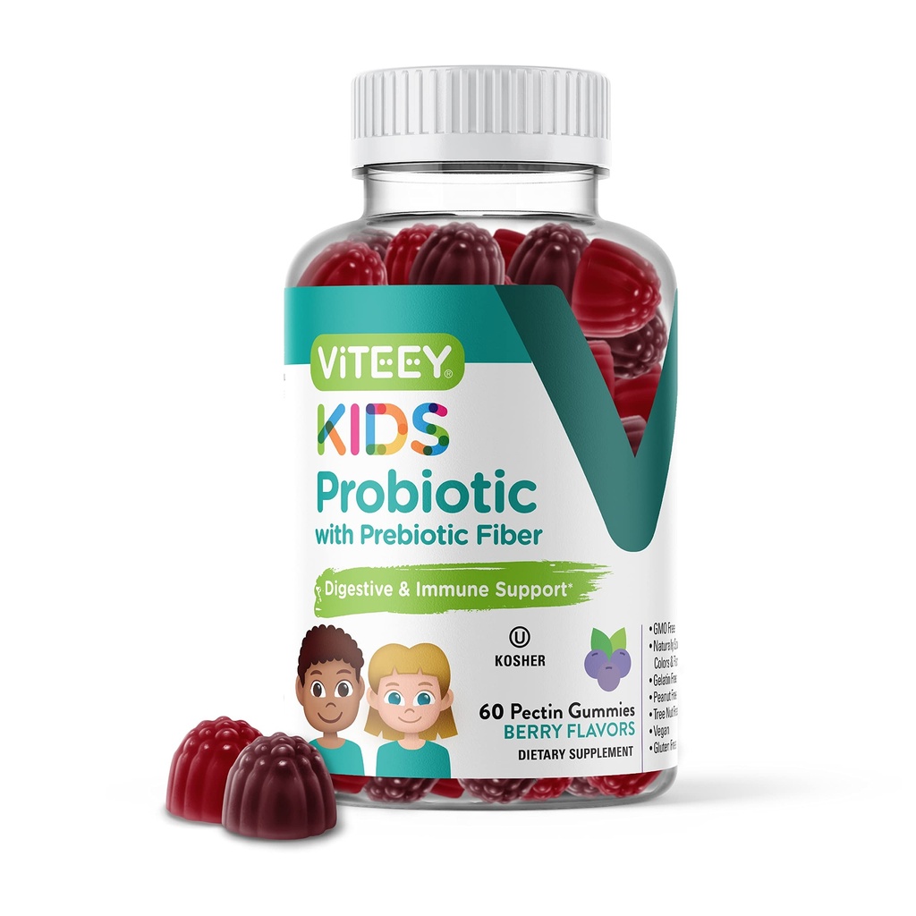 Viteey Probiotic Gummies for Kids Plus Prebiotics Fiber - 2 δισεκατομμύρια CFUs - Digestive Health,Gut Health, Constipation Relief for Kids Support - Vegan, Gelatin Free - Chewable Probiotic Berry Flavored