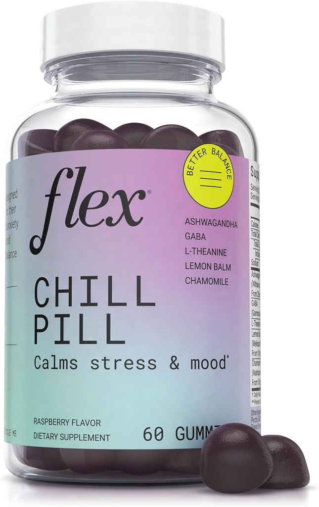 FLEX Chill Pill - Stresli Yardım - Rahatlamaya Yardım - Ashwagandha - L-Theanine - GABA - Chamomile - Lemon Balm - Berry Flavor - Vegan-Friendly - Gluten-Free - 60 Gummies (Chill Pill)