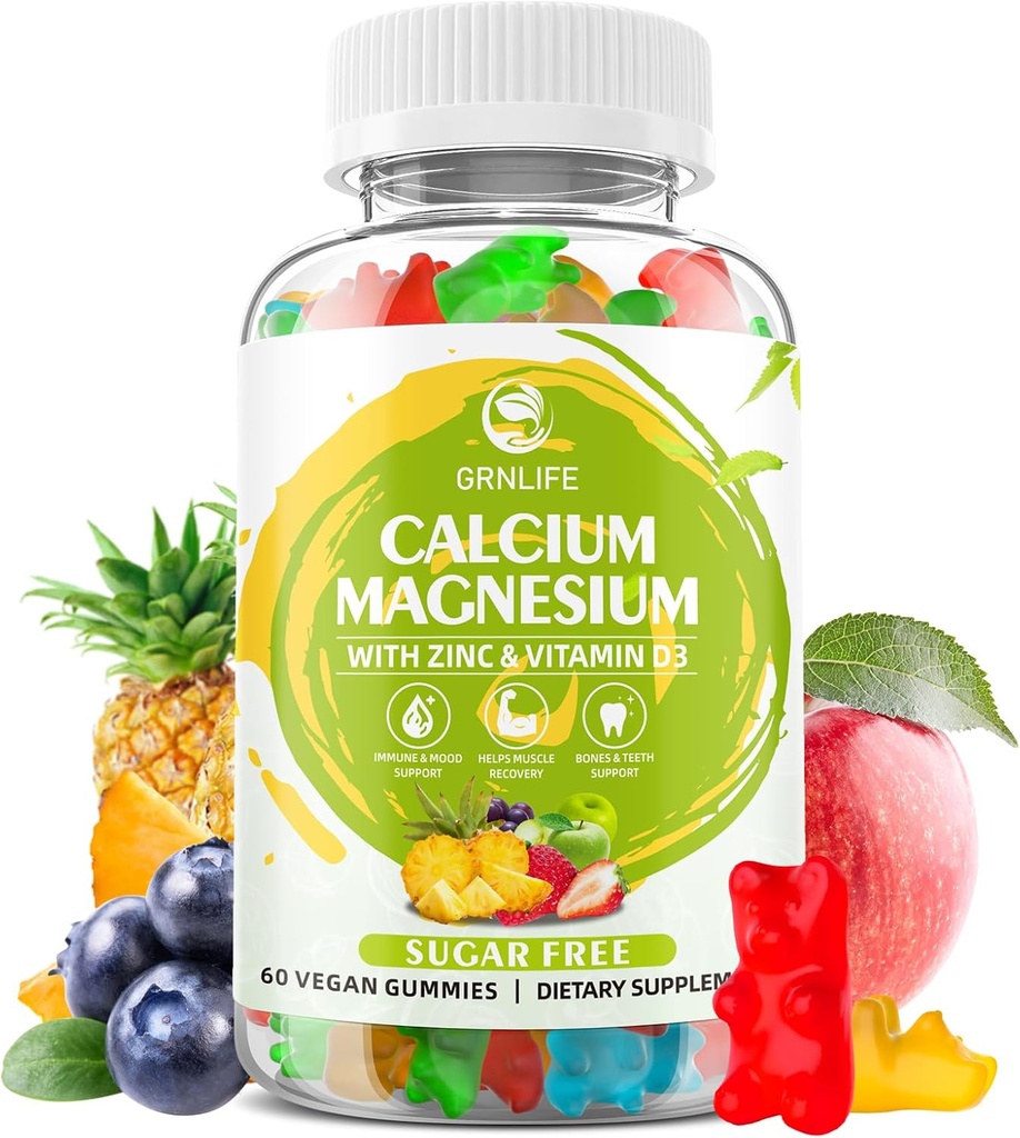 Calcium Magnesium Zinc Supplement with Vitamin D3, Sugar Free Calcium Gummies for Women Men, High Potency Magnesium Gummies for Bone & Muscle & Immune Health, Mixed Flavors - 60 Count