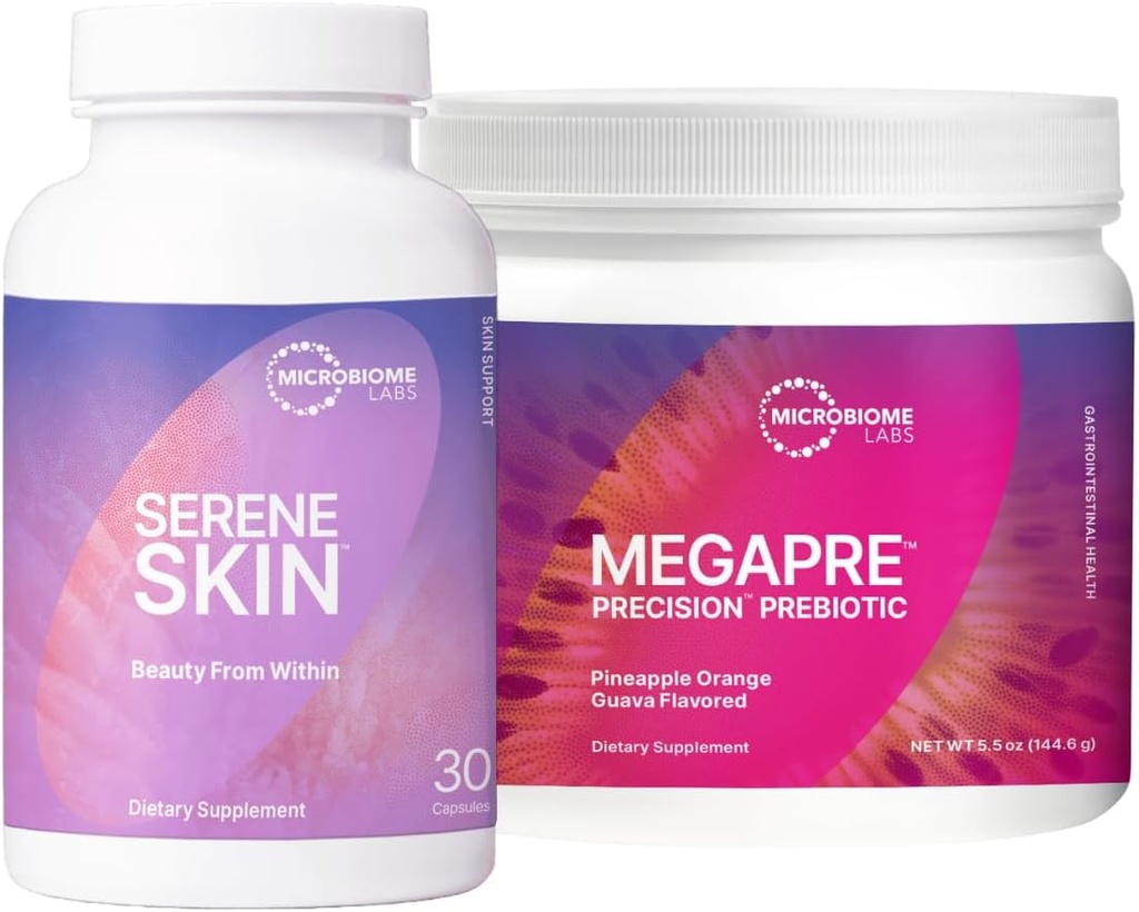 Microbiome Labs Skin Support Bundle - SereneSkin Clear Skin Probiotic Supplement Shown to Help Reduce Fine Lines (30 κάψουλες) - MegaPre Pre Prebiotic Powder for Gut Health (2.1oz)