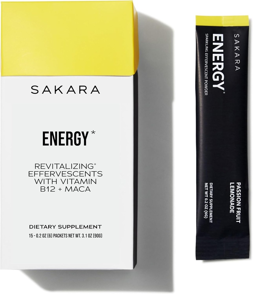 SAKARA Energy Effervescents, 15 Packets - Refined Sugar Free Electrolytes Toz Packets with Vitamin B12 & L Theanine, Flavored Water Packets, Hydration Toz, Energy Drink Electrolyte Toz