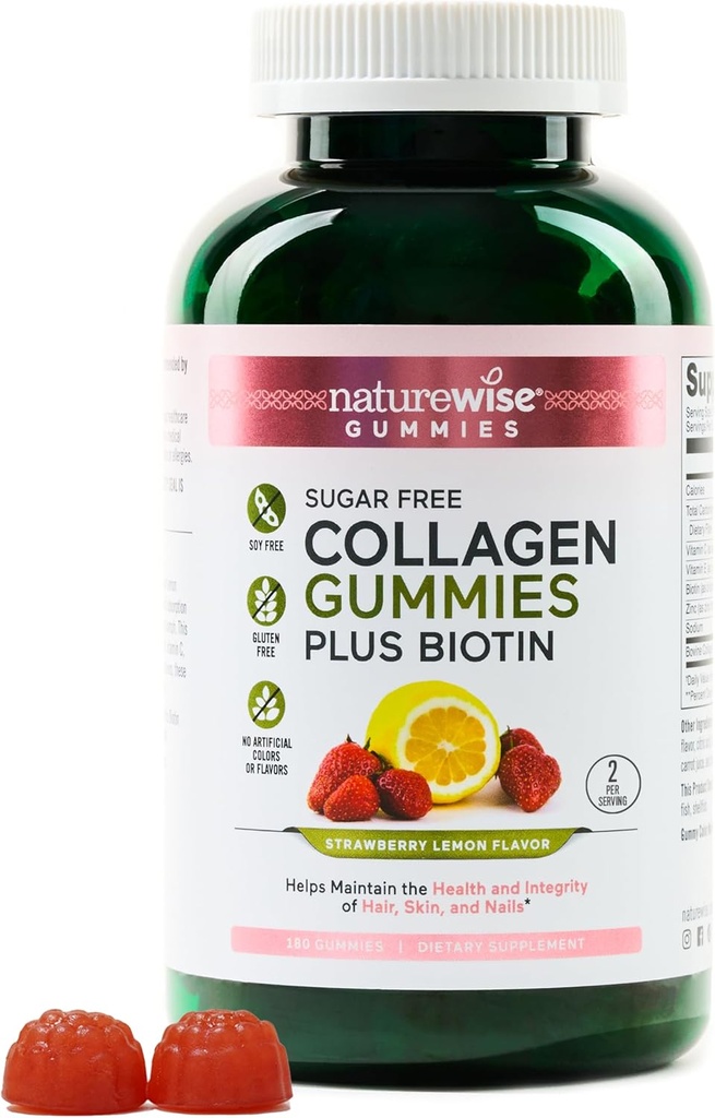 NatureWise Collagen Gummies - Χωρίς ζάχαρη Υδρολυμένα Κολλαγόνα Gummies - Τύπος 1 & 3 Πεπτίδια για τις γυναίκες + Βιοτίνη, Βιταμίνη C, E, & Ψευδάργυρος για το δέρμα των μαλλιών και τα νύχια Υποστήριξη - 180 Count[3-Month Supply]