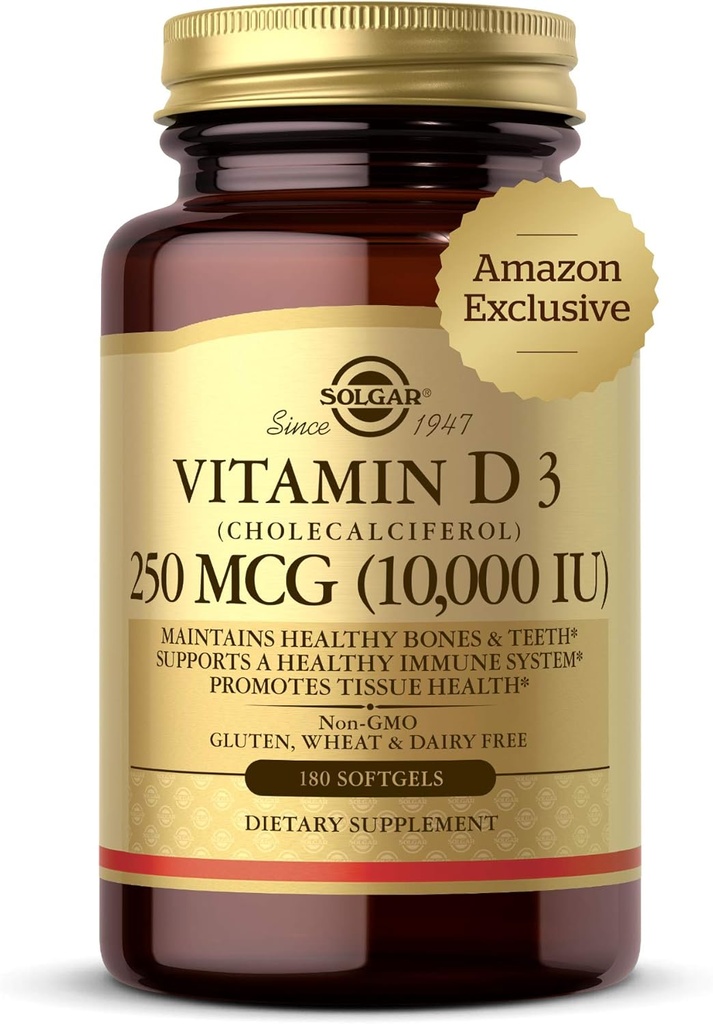Solgar Vitamin D3 Cholecalciferol 250 MCG 10000 İ Softgels Sağlıklı Kemikleri Diş Immune Sistemi Desteği -GMO Gluten, Süt Ücretsiz Hizmetler, 180 Kont