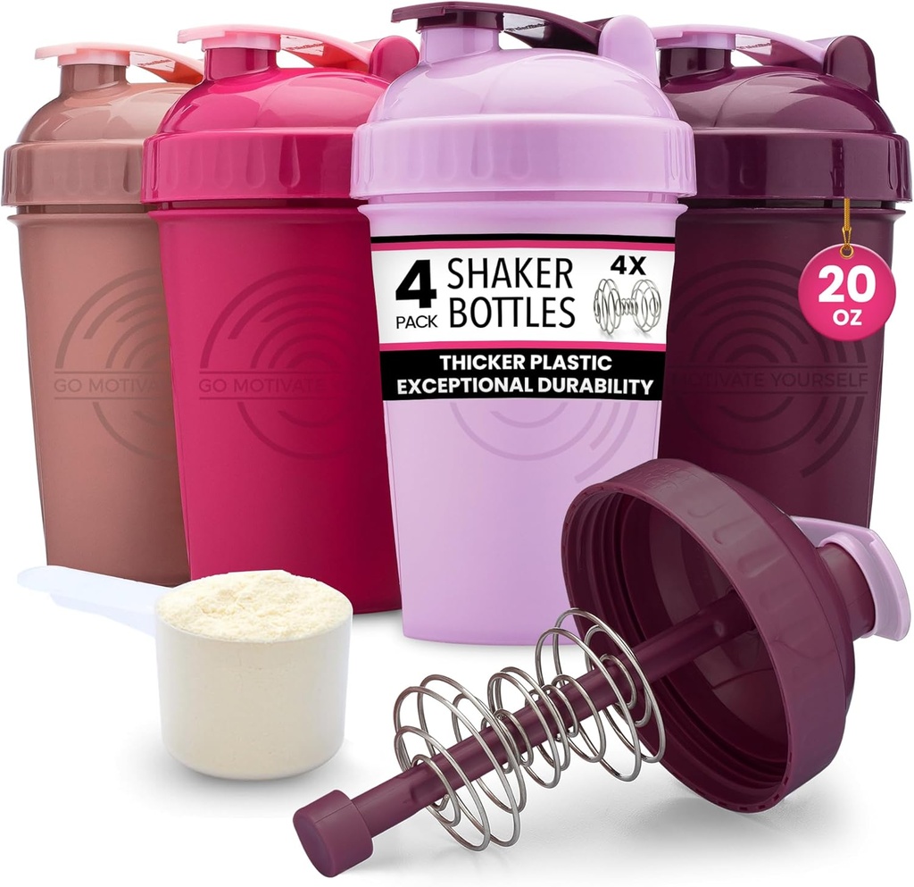 GOMOYO [4-Pack] 20Ounce Shaker Şişe | Protein Shaker Şişe Action-Rod Wire Mikser | Shaker Cups, Madonna Free ve Dishwasher Güvenli | Rose, Plant, Raspberry, & Lavender