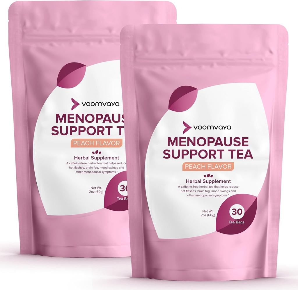 VoomVaya Menopause Support Tea 2Pack Sche - Kadınlar için Doğal Menopause Relief for Women w/Red Clover & Black Cohosh - Gece Ters & Hot Flashes Relief - Peach Flavor - 90 Teabags