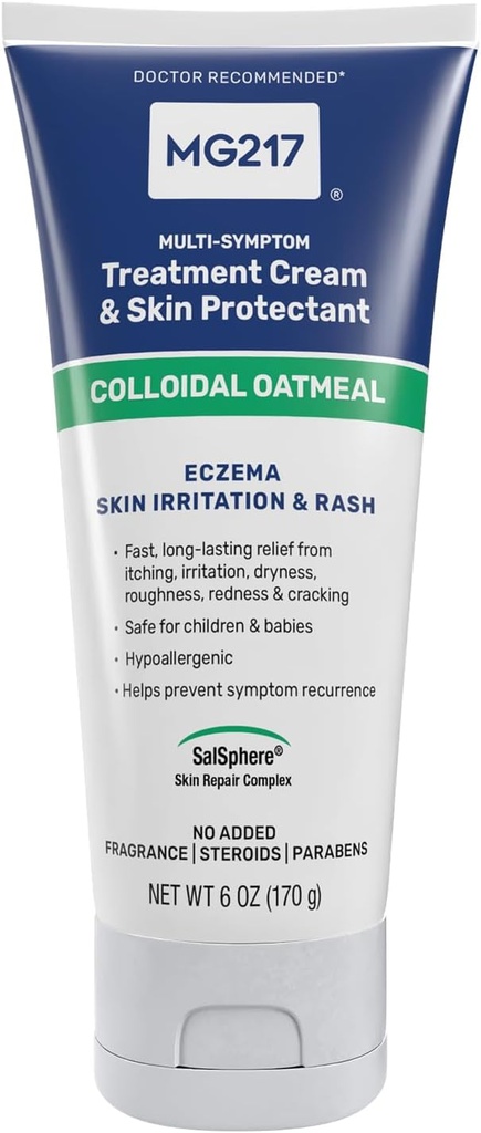 MG217 Eczema Body Cream with 2 Colloidal Oatmeal, Soothing Relief for Kuru, Itchy, and Irritated Skin, Cruelty, Steroid and Fragrance-Free Moisturizer, 6 oz Tube