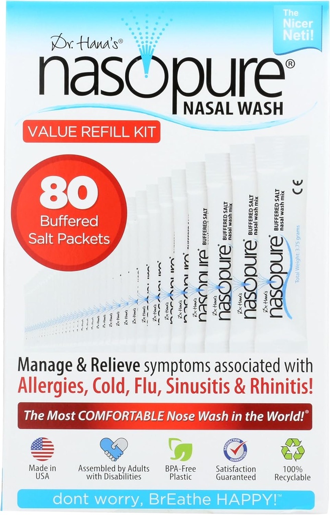 Nasopure Nasal Wash, Value Refill Kit, "The Nicer Neti Pot" Sinus Yıkama Kit, Comfortable Nasal Rinse 80 Salt Packets (3.75 Grams Her), Nasal Congestion, Cold, Flu, Antial Irrigation System