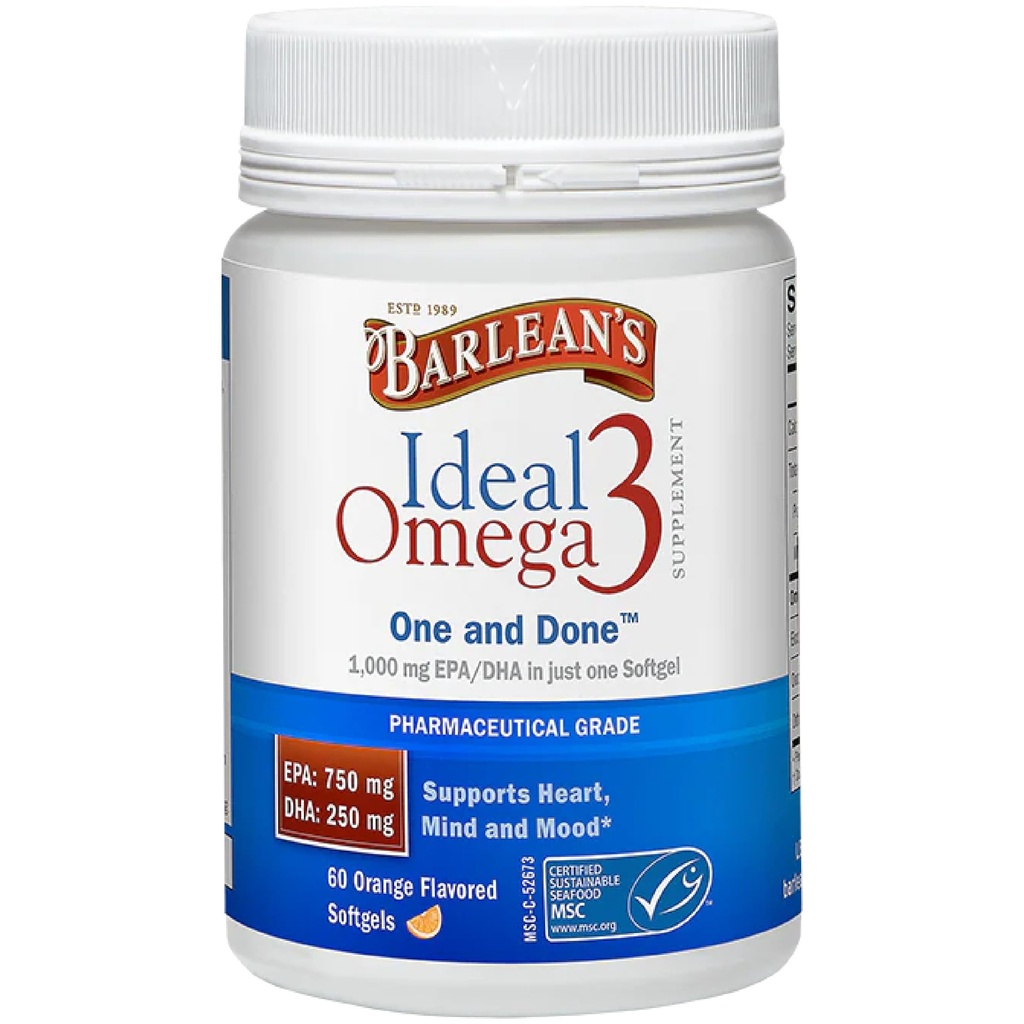 Barlean'ın İdeal Omega 3 Fish Oil Supplement, 1.000 mg Softgels, Farm Grade EPA & DHA, Beyin, Ortak ve Kalp Sağlığı, Orange Flavor, 60 ctt