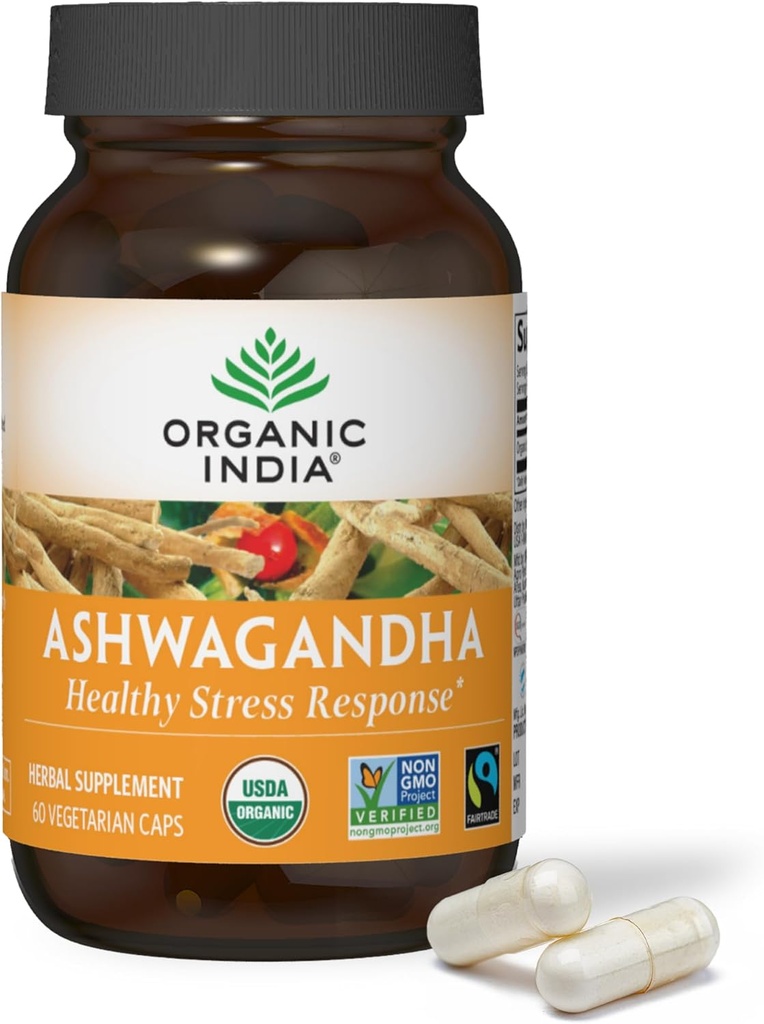ORGANIC INDIA Ashwagandha Κάψουλες - Βιολογικό συμπλήρωμα Ashwagandha - Vegan Ashwagandha Root, Gluten-free, Kosher, μη-GMO, υποστηρίζει ανακούφιση του στρες, ενέργεια, και ύπνο - 60 κάψουλες
