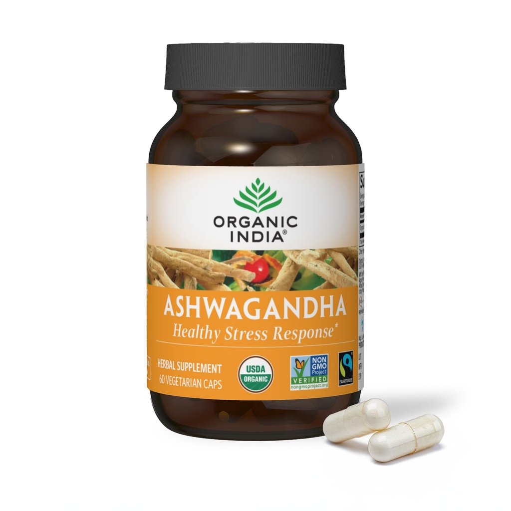 ORGANIC INDIA Ashwagandha Capsules - Organik Ashwagandha Supplement - Vegan Ashwagandha Root, Gluten-Free, Kosher, Non-GMO, Supports Stress Relief, Energy, and Sleep - 60 Capsules