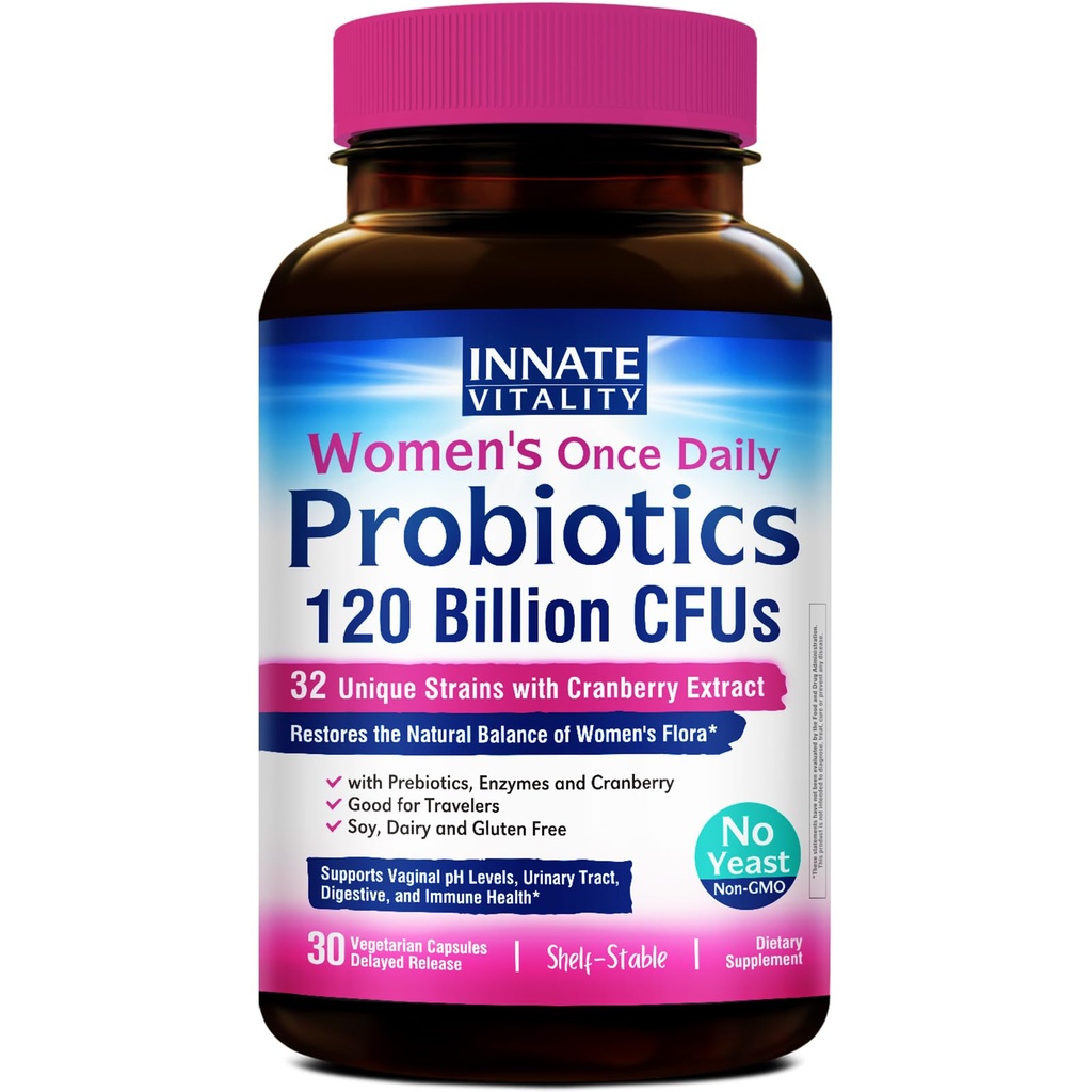 Innate Vitality Women's Probiyotiks, 120 Milyar CFU, 32 Test Edilen Strains, Women, Yeast Control, Vaginal pH Support, Prebiyotiks, Digestive Enzymes, Cranberry, Once Daily 30 Veggie Capsules