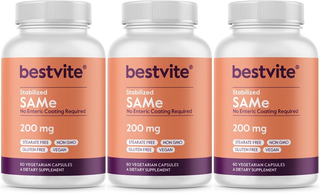 BESTVITE SAM-e 200mg Stabilized (180 Vegetarian Capsules) (3-Pack) - Premium Ingredient from Italy containing More Than 75% (SS) SAM-e, The Highest Active Level Available