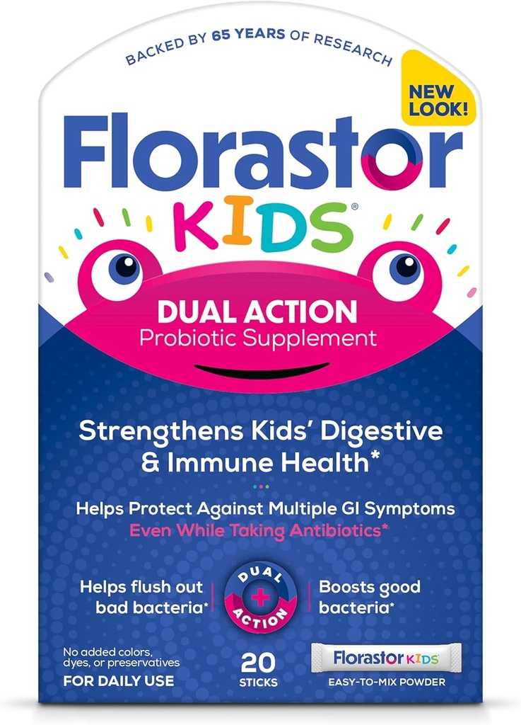 Florastor Kids Dual Action Probiyotik Supplement, Çocukların Digestive & Immune Health, 20 Easy-to Mix Toz Sticks, Ambalaj Vary Olabilir