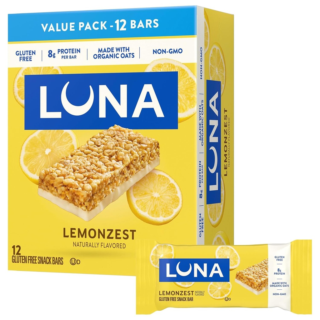LUNA Bar - LemonZest Flavor - Χωρίς γλουτένη Snack Bars - Μη ΓΤΟ - Protein Bars - Κατασκευασμένες με οργανική βρώμη - Συσκευασία αξίας (12 Pack)