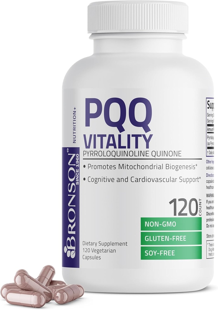 Bronson PQ Vitality 20 mg Pyroloquinoline Quinone Supplement Mitochondrial Biogenez Non-GMO, 120 Vegetarian Capsules