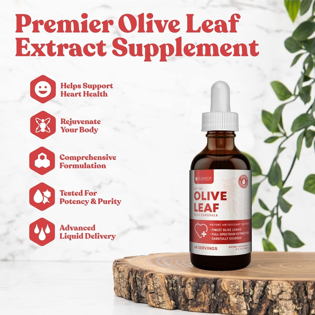 Rejuvica Active Olive Leaf Extract | Natural Occurring Ol Europein Liquid Drops for Immune & Heart Support | Hızlı Algorit, Vegan, Alkol Özgür | 4 fl ozz