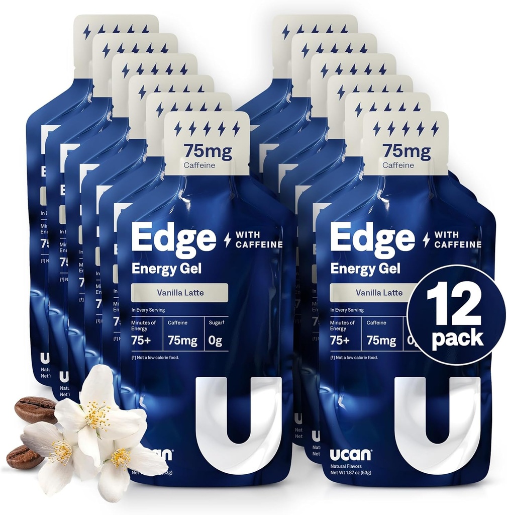 UCAN Edge Energy Gel Shots, Vanilla Latte + καφεΐνη (12, 2 ουγγιά πακέτα) για τρέξιμο, εκπαίδευση, προπονήσεις, καταλληλότητα, Ποδηλασία, Crossfit 