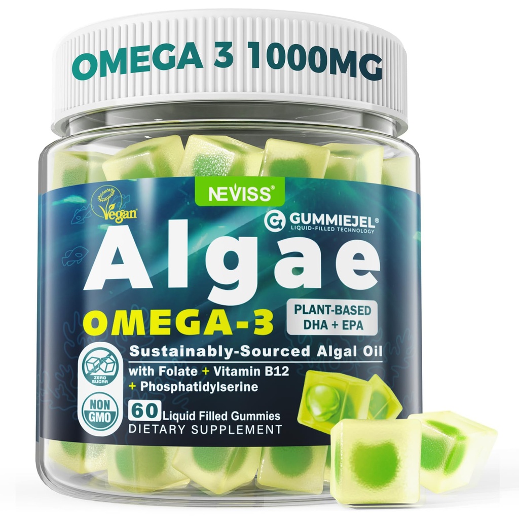 Algae Omega 3 Gummies 1000 mg, Plantive DHA 460 mg & EPA 230mg, Omega 3 Fish Oil Alternative for Yetişkinler, Plus MetilFolate, B12, Phosphatidylserine, No Fishy Taste, Vegan, Sugar Free, 60 Cts