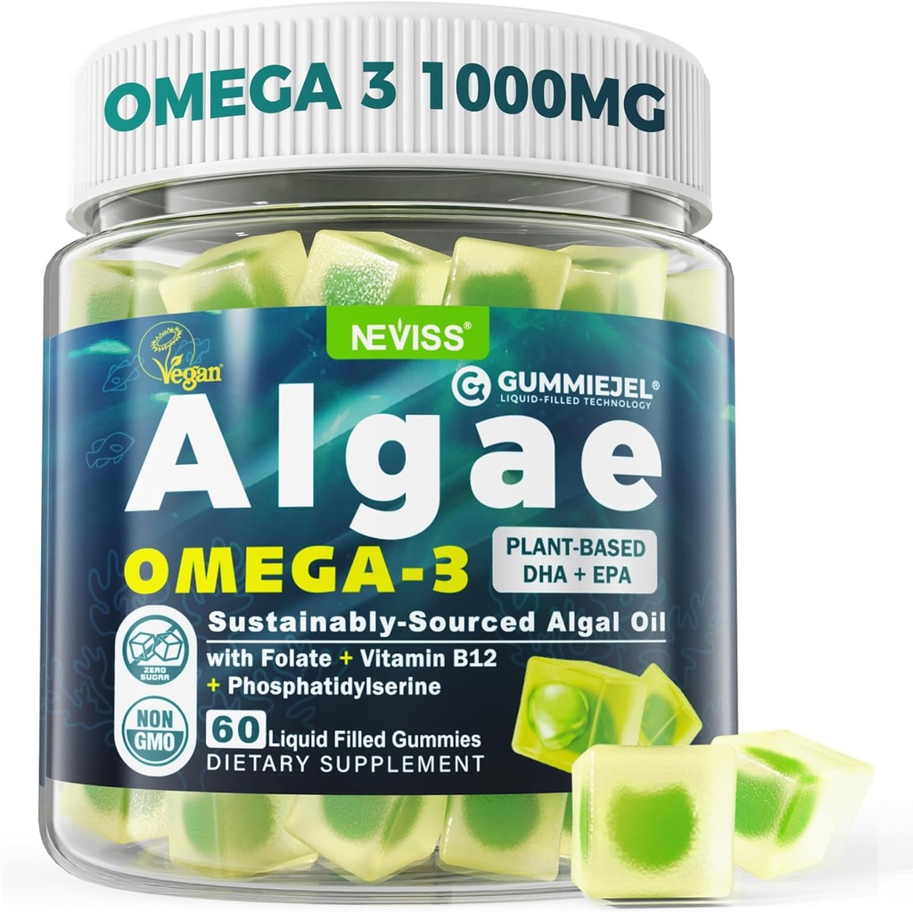 Algae Omega 3 Gummies 1000 mg, Plantive DHA 460 mg & EPA 230mg, Omega 3 Fish Oil Alternative for Yetişkinler, Plus MetilFolate, B12, Phosphatidylserine, No Fishy Taste, Vegan, Sugar Free, 60 Cts