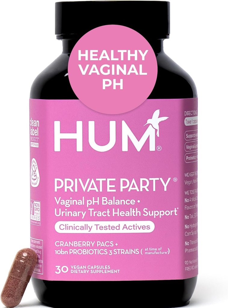 HUM Private Party Κολπικά Προβιοτικά για γυναίκες, pH Ισορροπία και ουρολοίμωξη Υποστήριξη Κολπικό Προβιοτικό συμπλήρωμα με Cranberry & Lactobacillus Blend, Γυναικεία χάπια Cranberry, 30 κάψουλες