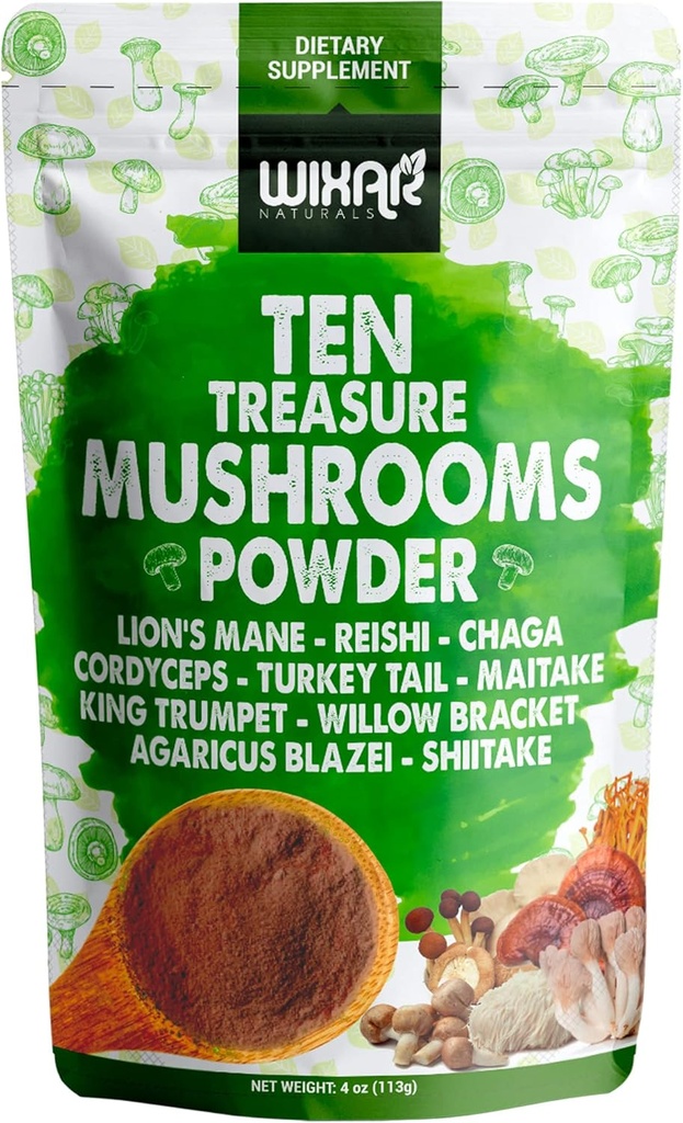 Wixar Mushroom Powder - 10 Treasure Mushrooms Extract συμπλήρωμα για καφέ & smoothies - Lions Mane, Turkey Tail, Reishi, Chaga, Shiitake, Cordyceps, Complex - 4oz Mushroom Συμπλήρωμα