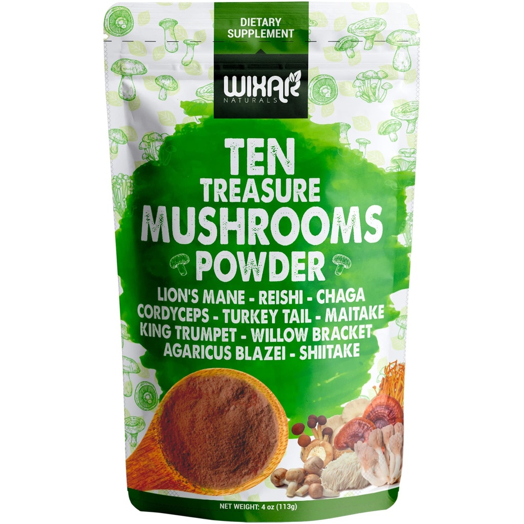 Wixar Mushroom Toz - On Hazine Odaları Kahve ve Smoothies için Tamam Ölüyor - Lions Mane, Türkiye Tail, Reishi, Chaga, Shiitake, Cordyceps, Kompleks - 4oz Mushroom Supplement