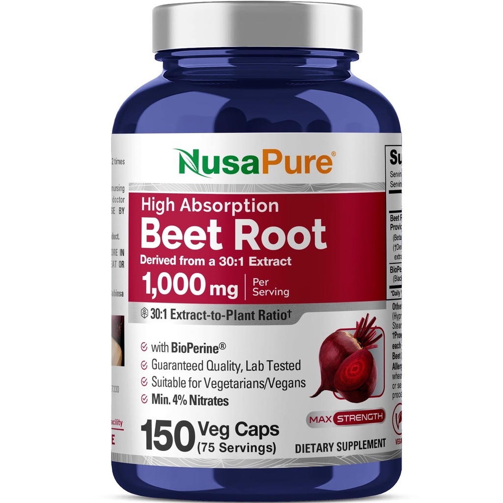 NusaPure Beet Root 30:1 Extract, 1000 mg Ισοδύναμο με 30.000 mg 150 Veggie caps (Vegan, Non-GMO & Vegan 4% Nitrates) Bioperine