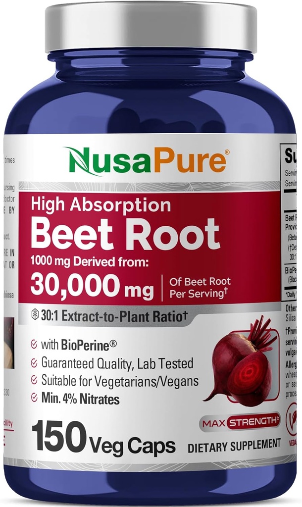 NusaPure Beet Root 30:1 Extract, 1000 mg 150 Veggie caps (Vegan, Non-GMO & Vegan% 4 Nitrates) Bioperine