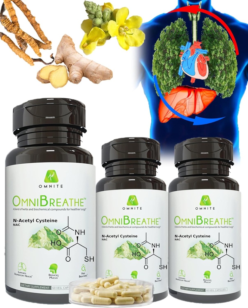 OmniBreathe for Lung Cleanse Detox αναπνευστική ευεξία - Βοήθεια για τη μείωση της μουκιάς & βήχας για όλα τα είδη των καπνιστών, επαναφορά της φρέσκιας βαθιάς φυσικής αναπνοής,Λιγότερο ξύπνημα για να φτάσει για εισπνευστήρα (πακέτο των 3 μπουκάλια)