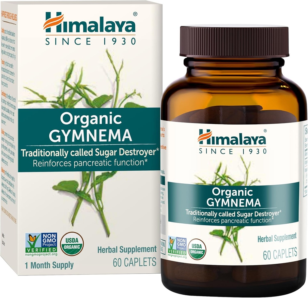 Himalaya Organik Gymnema Sylvestre – Herbal Glucose Metabolism Desteği - USDA Organik, Non-GMO, Vegan, Gluten Free,mix Free, 700 mg, 60 Caplets