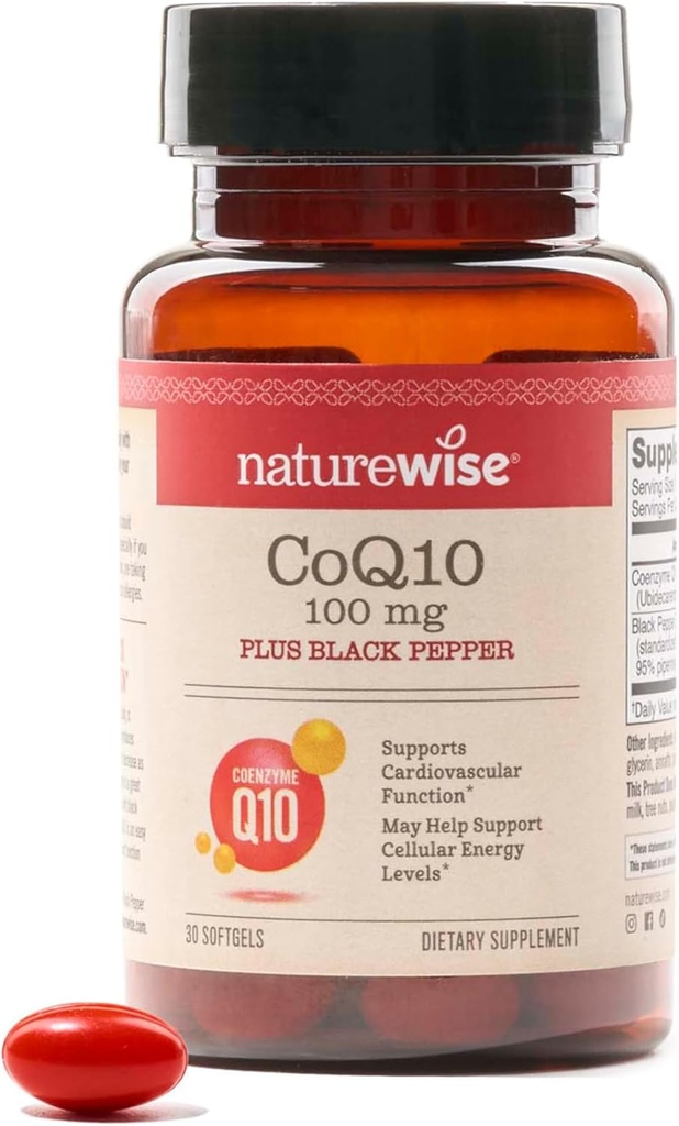 NatureWise CoQ10 100mg + Μαύρο πιπέρι Softgels - Υψηλή απορρόφηση Συνένζυμο Q10 + Μαύρο πιπέρι - Αντιοξειδωτικό για την υγεία της καρδιάς + Κυτταρική ενέργεια - Vegan, Μη ΓΤΟ, Χωρίς γλουτένη - 30 Count[30-Day Supply]