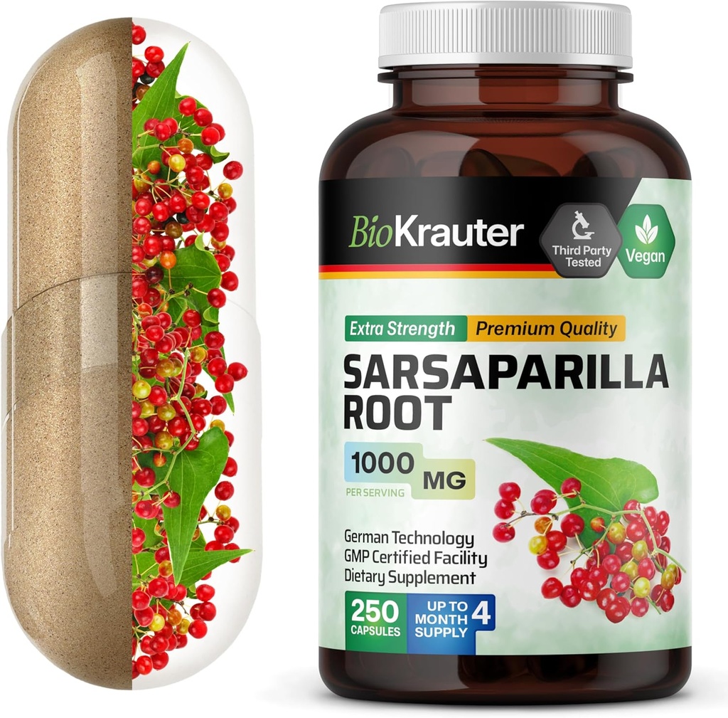 BIO KRAUTER Sarsaparilla Root Capses - 1000 mg Δύναμη - 250 Vegan Sarsaparilla Extract Caps - Χωρίς πληρωτικά