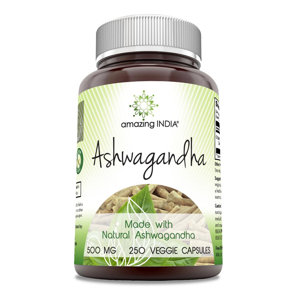 Amazing India Natural Ashwagandha | 500 Mg Per | Veggie Capsules | Non-GMO | Gluten Free | Made in USA (250)