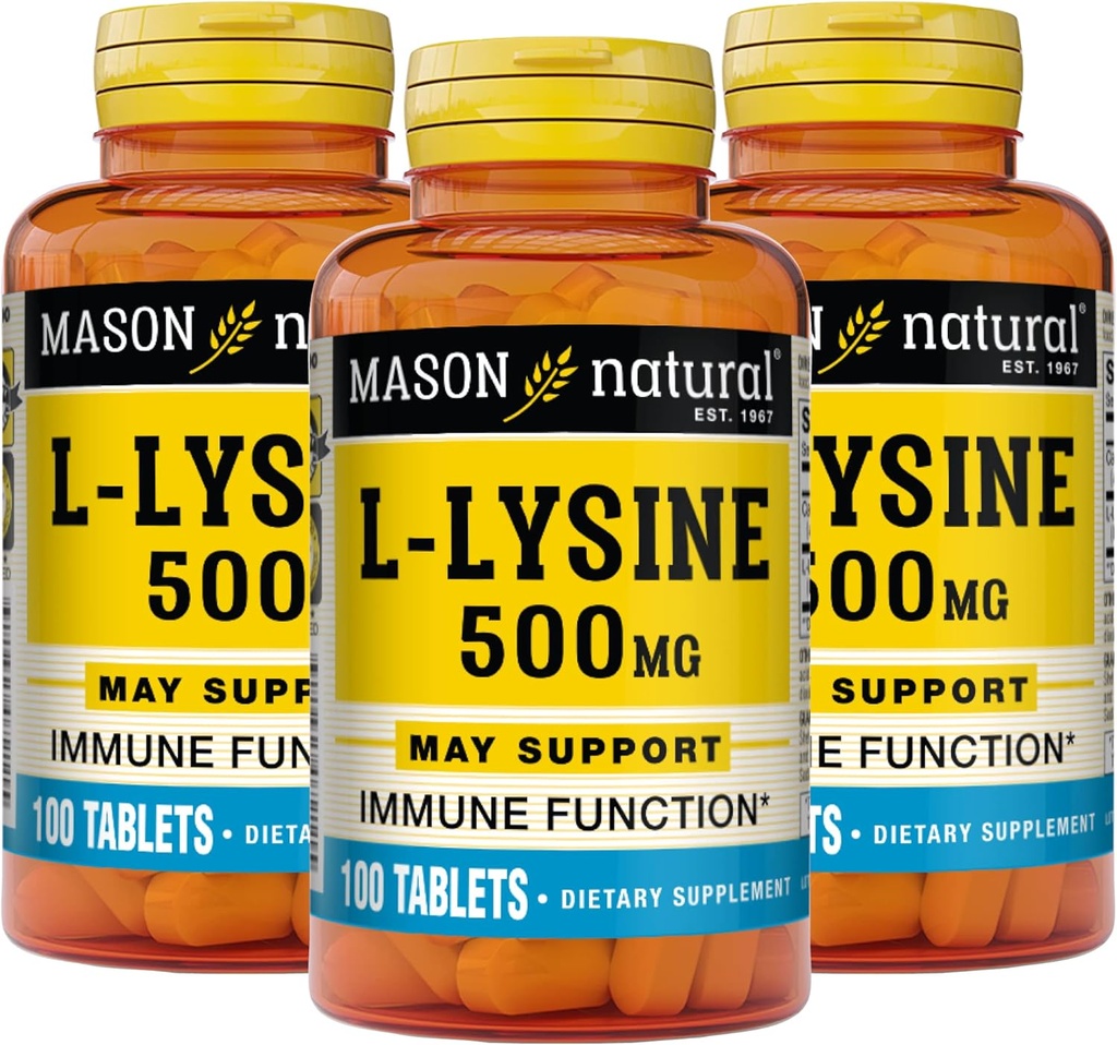 MASON NATURAL L- Lysine 500 mg με Ασβέστιο - Βελτιωμένη Ανοσοποιητική λειτουργία, Ενισχυμένη Απορρόφηση θρεπτικών ουσιών, Απαραίτητο Αμινοξύ, 100 δισκία (Συσκευασία 3)