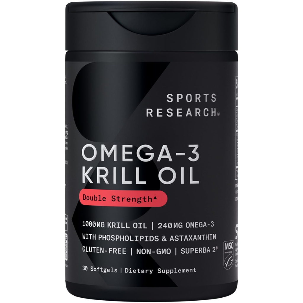 Sports Research Krill Oil Supplement with EPA & DHA Omega 3, Phospholipids & Astaxanthin from Antarctic Krill - Highest Concentration of Krill Oil for Men & Women - 1000mg, 30 Softgel Capsules